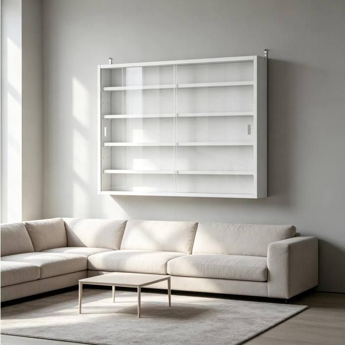 Vitrine murale blanche 80 x 9 5 x 60 cm 2 portes coulissantes en verre et 4 étagères réglables