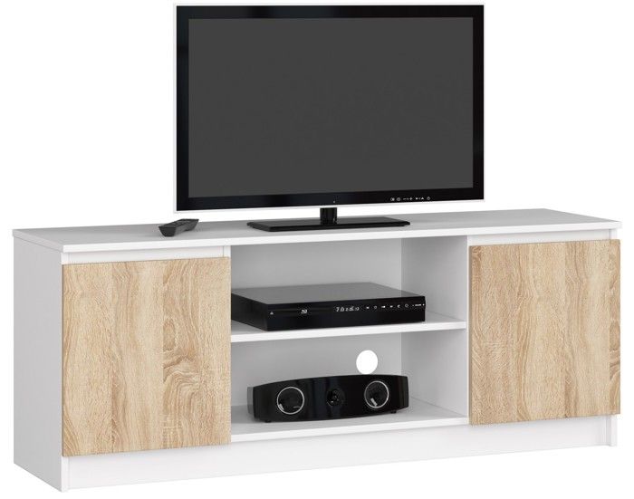 Meuble TV - AKORD - Blanc - 140 cm - 2 portes - Chêne Sonoma - 2 étagères Meuble TV - AKORD - Blanc - 140 cm - 2 portes - Chêne Sonoma - 2 étagères