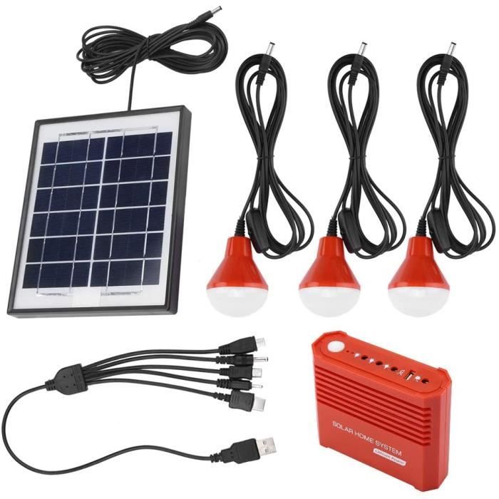 Kit Panneau Solaire 4W Avec 3 Lampes LED USB 5V Et Chargeur Téléphone - Éclairage Camping Jardin Extérieur