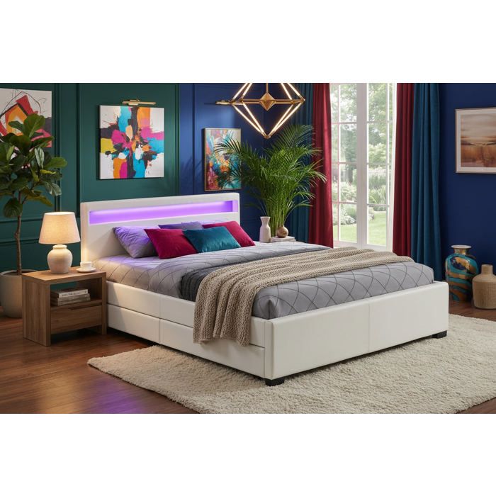 Lit adulte 2 places 140x190 cm blanc avec tiroirs LED sommier inclus