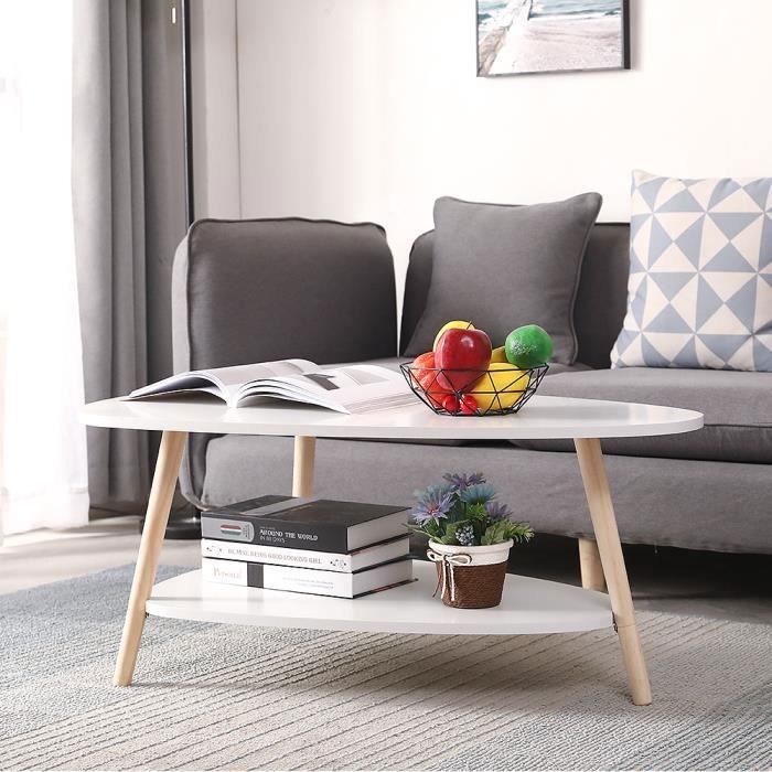 Table basse ovale scandinave SHE - Bois MDF - Pieds en hêtre - Rangement pratique