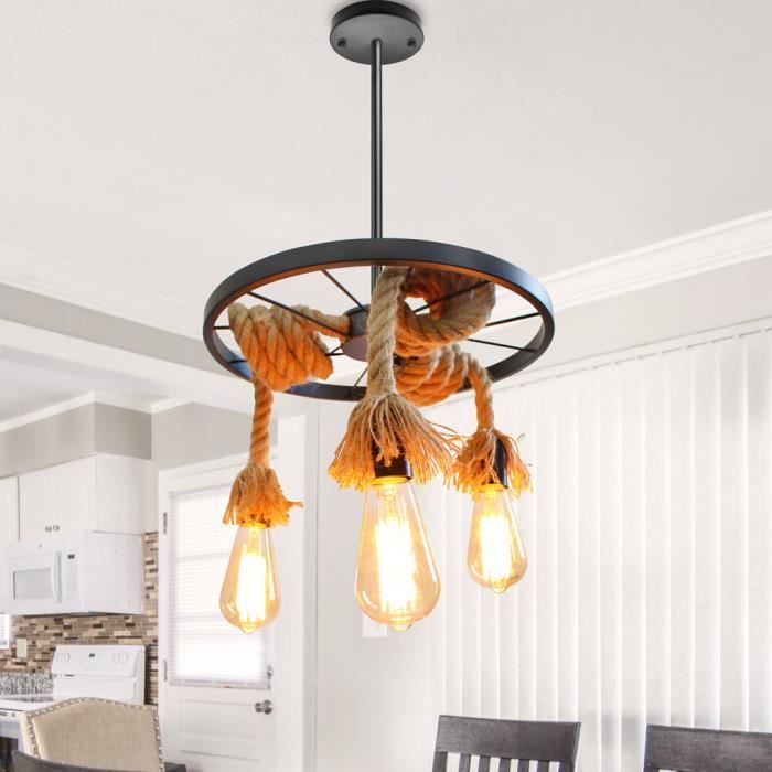 UNI 3 Tête Suspension Luminaire en Corde de Chanvre Rétro Lustre Roues Industriele Vintage Rétro Lampe de Plafond