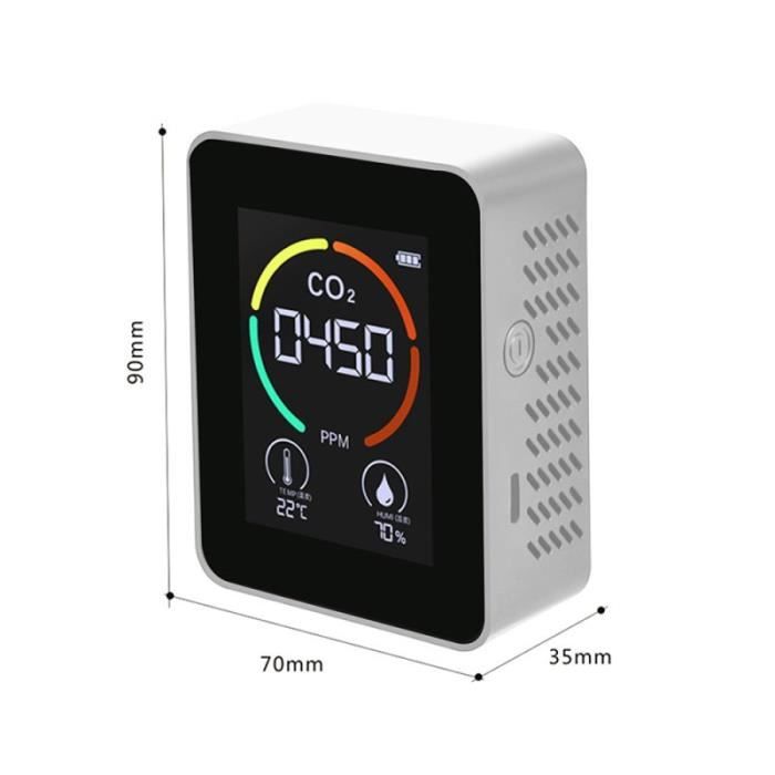 Détecteur CO2, Température Et Humidité - Plage CO2 400-5000 Ppm, Écran LED 4 Couleurs, Double Alimentation USB/Batterie