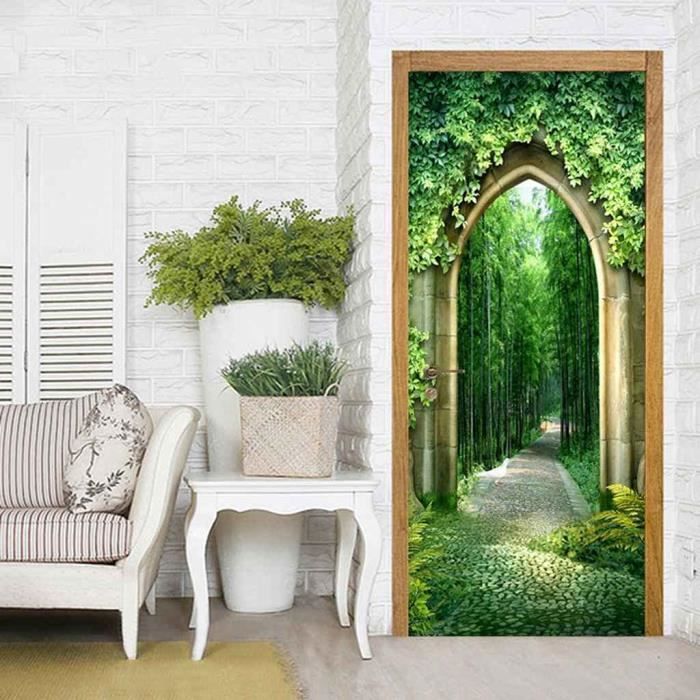 Adesivo Murale 3D Per Porta, Paesaggio Con Cascata, 77x200 Cm, Autoadesivo In PVC, Effetto Prospettiva