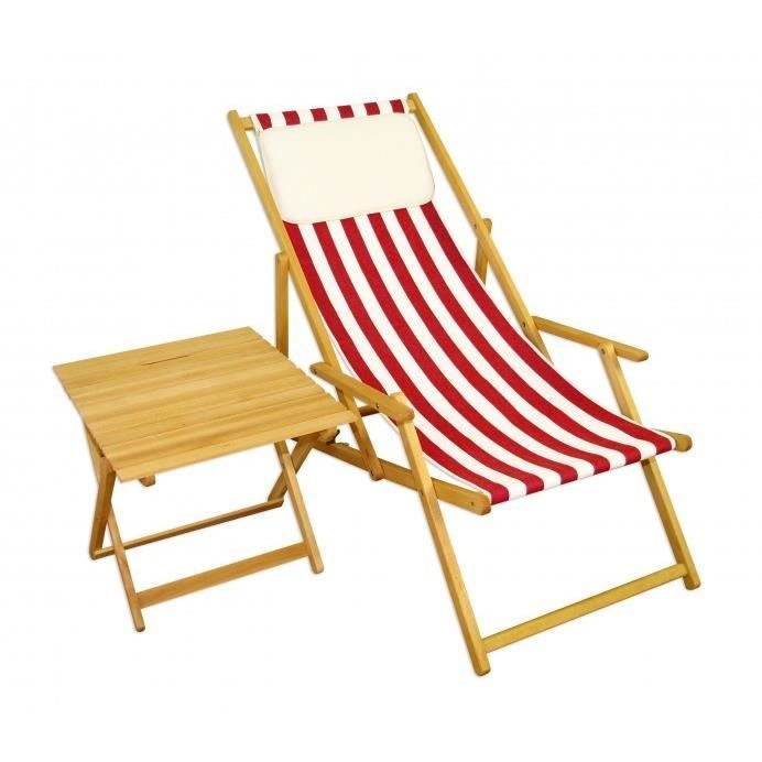 chaise longue pliante, rayé rouge et blanc, en bois naturel, avec table et oreiller 10-314ntkh
