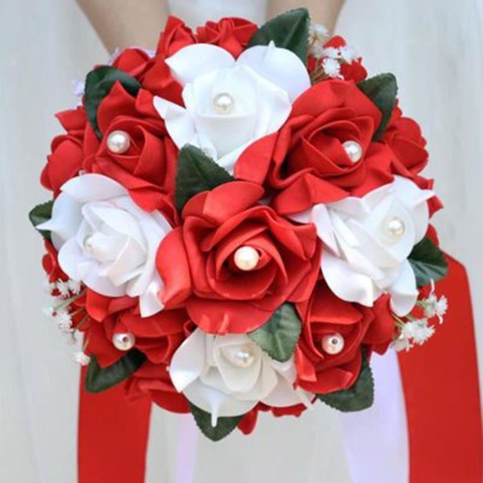 Rouge)PE Rose fleur avec perle pour mariage fleur soie ruban mariée Bouquet  main tenir des fleurs - Cdiscount Maison