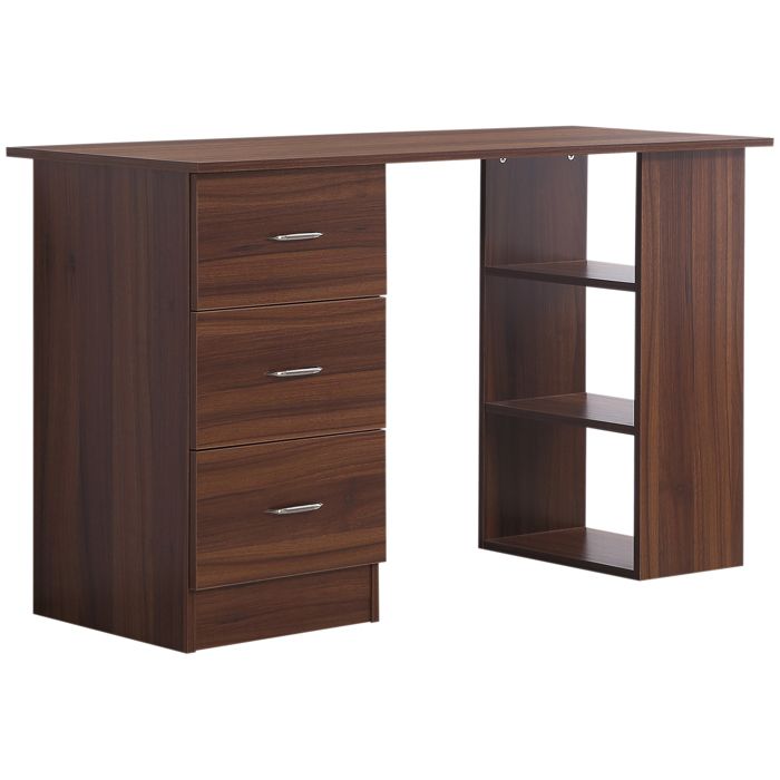 Bureau dordinateur - HOMCOM - 3 tiroirs 3 étagères bureau rangement réversible étude - Panneaux particules - noyer