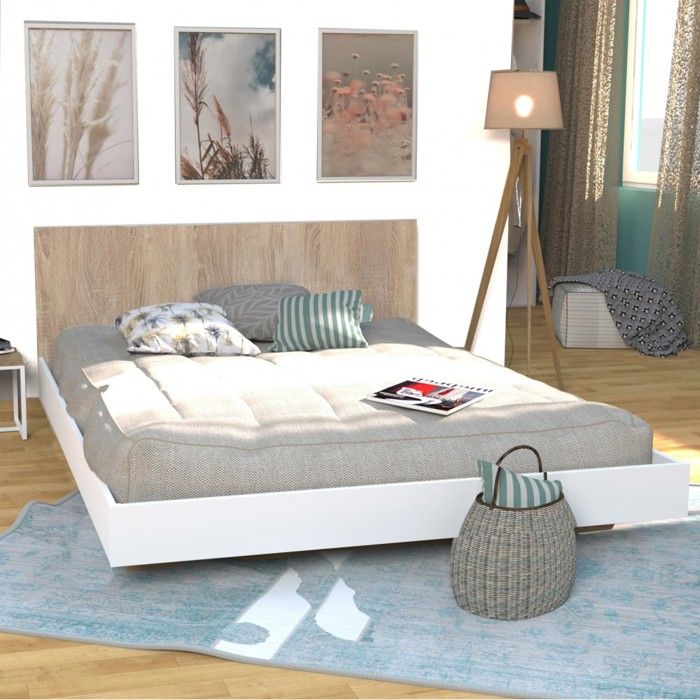 Lit LOFT 140x190 + 1 sommier + tête de lit / Décor Blanc & chêne blanchi Lit LOFT 140x190 + 1 sommier + tête de lit / Décor Blanc & chêne blanchi