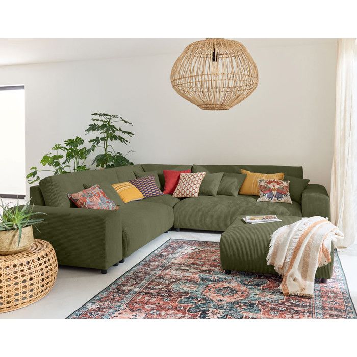 Garance - canapé modulable dangle gauche - 5 places - en velours côtelé - Vert