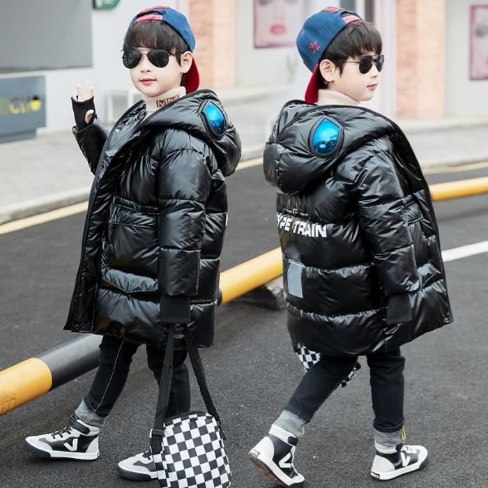 Doudoune Mi-long en Duvet de Coton Pour Garçons, Vêtement d'hiver en cuir  brillant pour enfants Noir