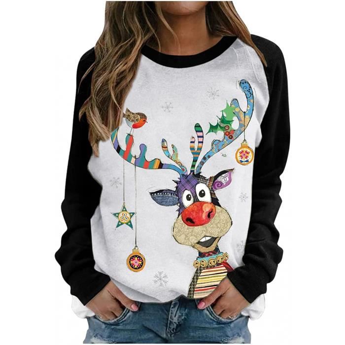 Pull De Noël Femme Avec Imprimé Wapiti - Sweat-shirt Ample Manches Longues, Col Rond, En Polyester Doux, Taille Grande Disponible