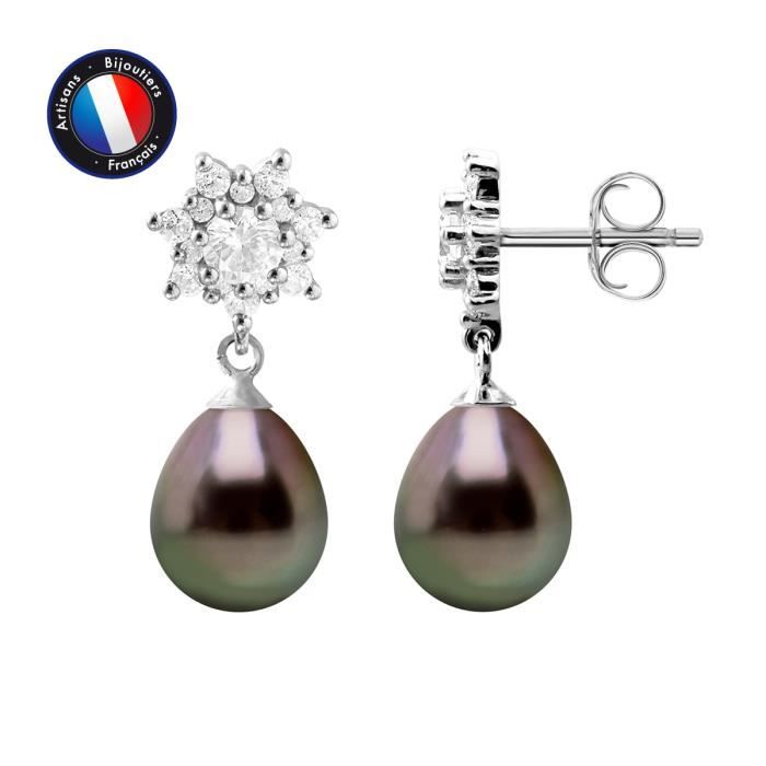 PERLINEA - Boucles d'Oreilles Flocon - Véritables Perles de Culture de Tahiti - Poires 8-9 mm - Argent 925 Millièmes - Bijoux Femme
