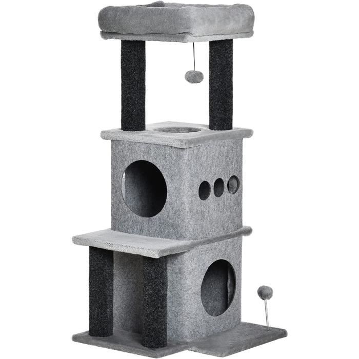Arbre à Chat Multi-niveaux PawHut – 40x40x114 Cm, Plateformes, Griffoirs Sisal, Niche, Jouets – Gris, Pour Chats Jusqu’à 5 Kg