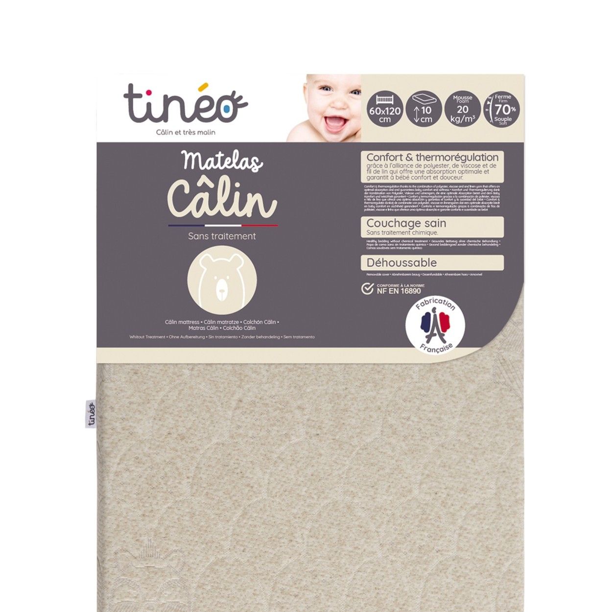 TINÉO - Matelas bébé 60x120x10cm Câlin, Sans Traitement, Déhoussable