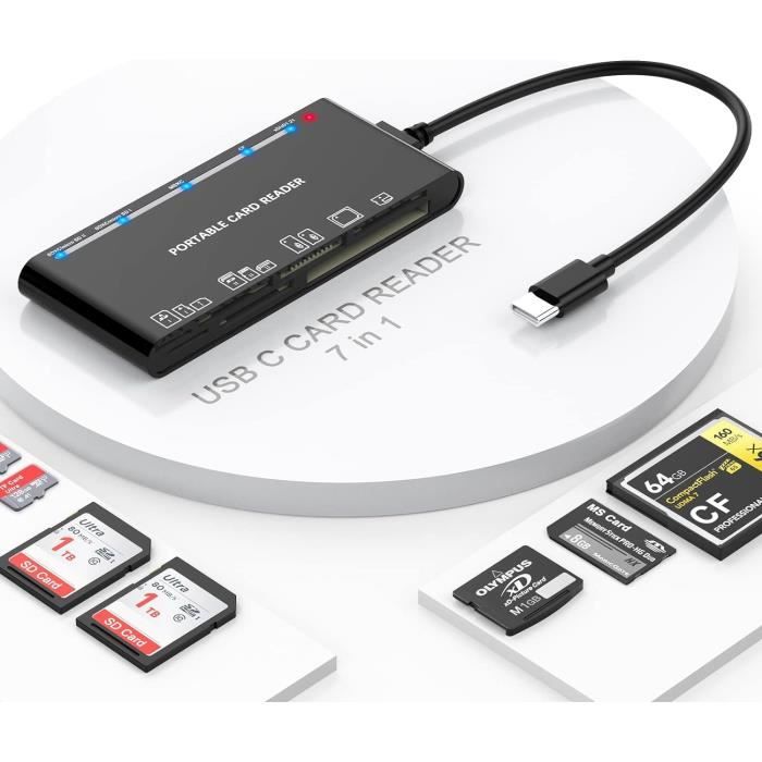 Lecteur Carte Mémoire 7 En 2 USB-C/USB 3.0 - Accès Simultané 5 Cartes (SD, Micro SD, CF, Etc.), Vitesse 5 Gbit/s, Compatible Mac/PC/Android