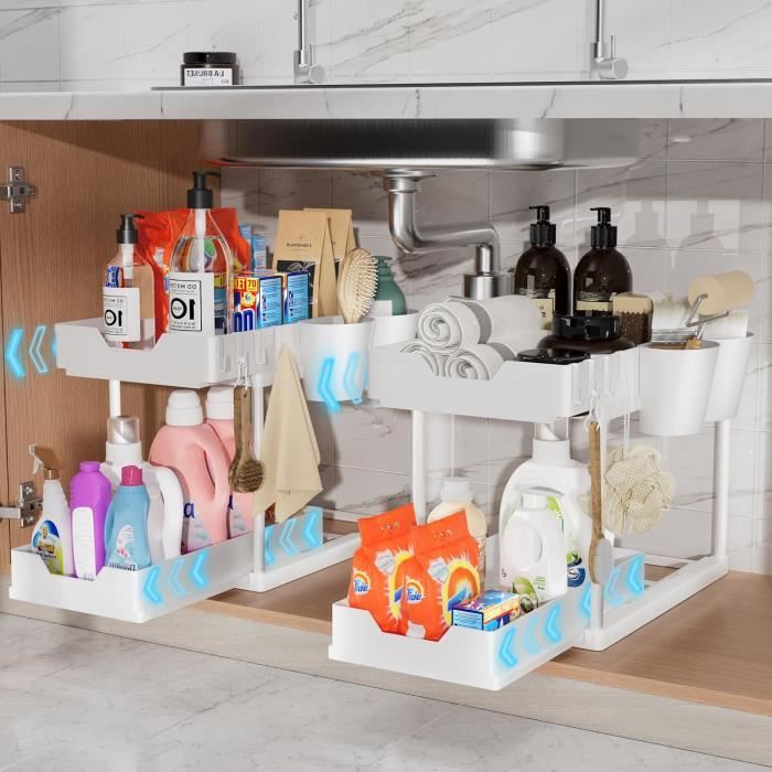 Organiseur de cuisine sous évier, 2 niveaux coulissants sous évier
