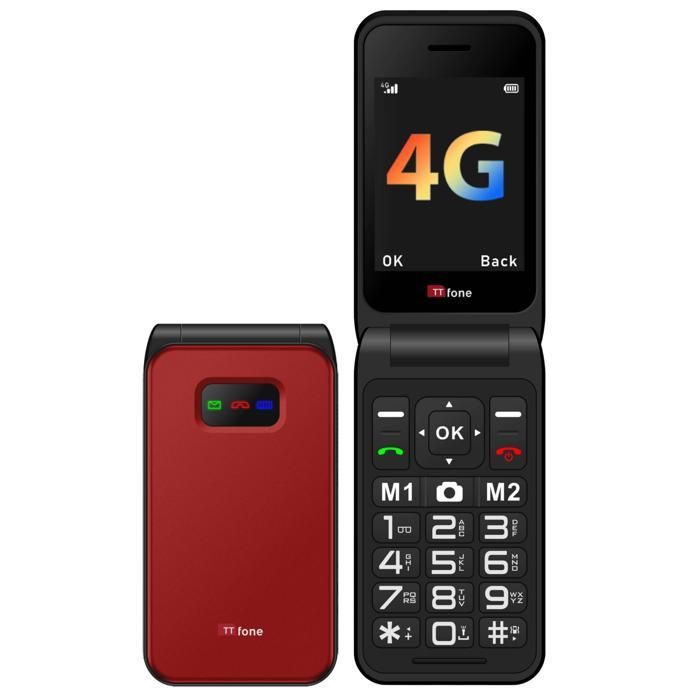 TTfone TT760 4G Mobile à gros boutons pour personnes âgées avec bouton dassistance durgence (Rouge avec câble USB)