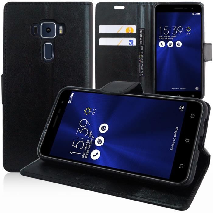Housse Portefeuille Pour Asus Zenfone 2 ZE551ML - Cuir Synthétique, Support Vidéo - Noir