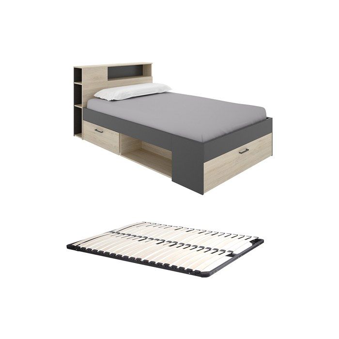 Lit avec tête de lit rangements et tiroirs - 120 x 190cm - Coloris : Naturel et anthracite + Sommier - LEANDRE Lit avec tête de lit rangements et tiroirs - 120 x 190cm - Coloris : Naturel et anthracite + Sommier - LEANDRE
