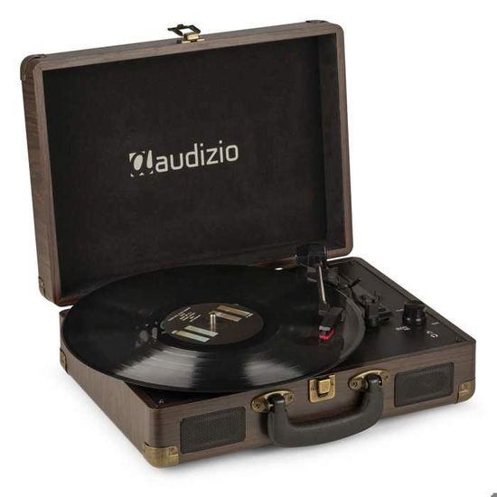 Kit Platine Vinyle Audizio Rétro + Valise - Haut-parleurs Intégrés, 3 Vitesses - Design Vintage Noir