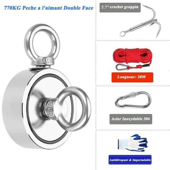 Aimant De Recherche (poisson Magnétique) 770kg - Double Face Avec œillets Et Corde 20m - Néodyme