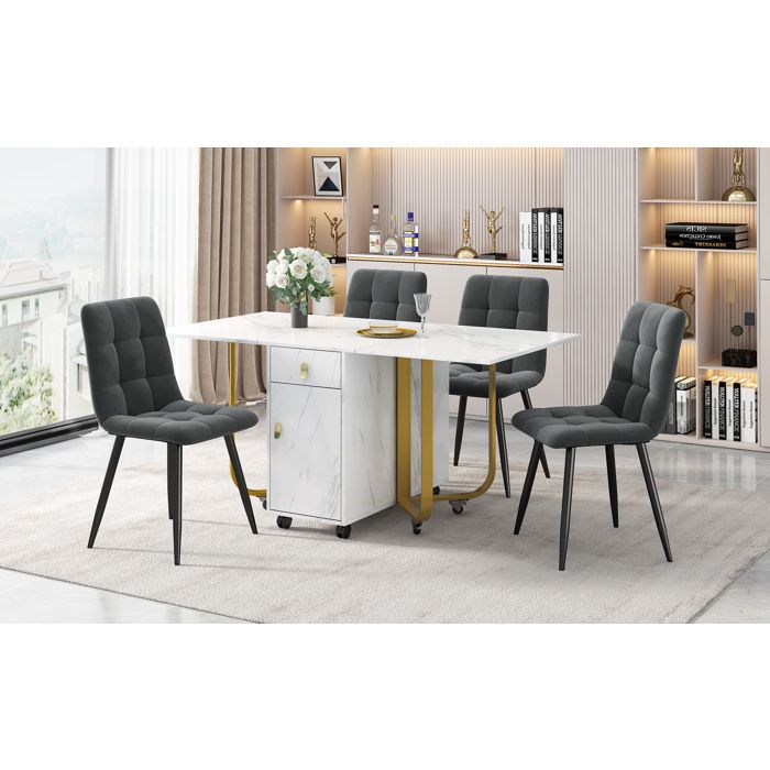 Table à Manger Pliable Avec 4 Chaises - 150x80cm - Avec Rangement Tiroirs - Chaises Velours Dossier - Gris/or