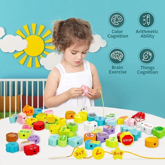 Jouet Montessori 3-en-1 En Bois POWZOO - Perles à Lacer, Empiler Et Trier - Développe La Motricité Pour Enfants 2-5 Ans