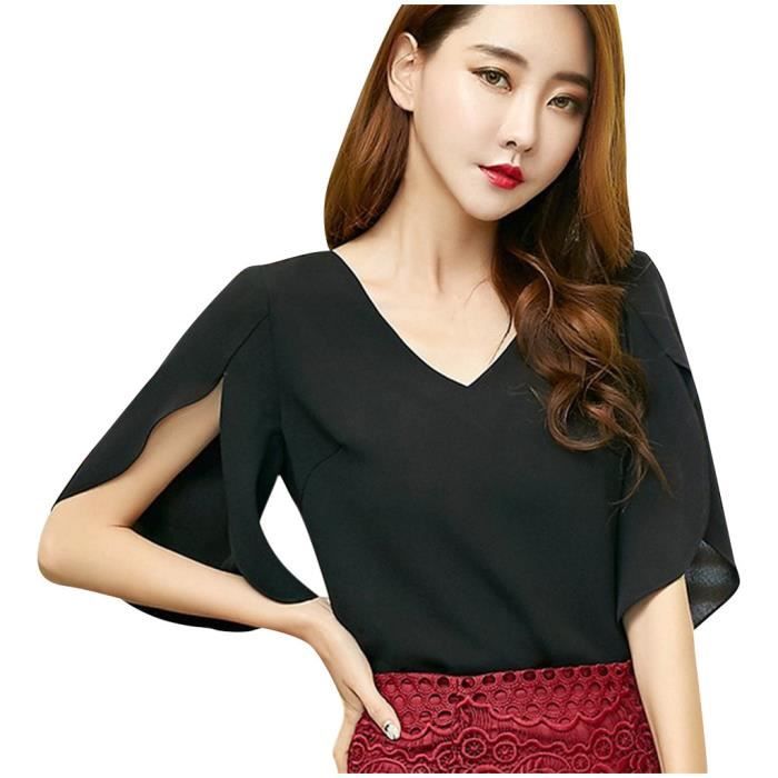 Chemisier a manches papillon en mousseline de soie a manches longues pour femmes Noir Noir Cdiscount Pret a Porter