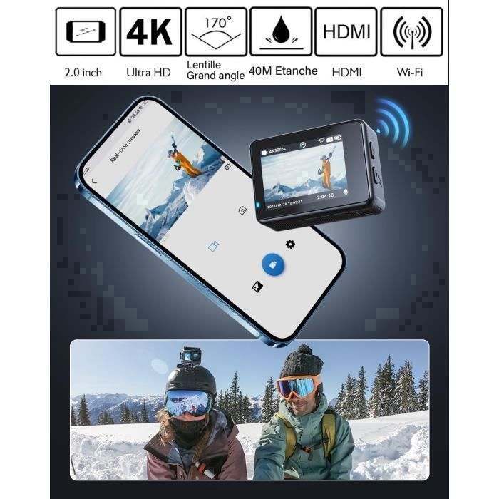 Apexcam Caméra Sport 4K 60FPS EIS 24MP – Double Écran Tactile, Étanche 40m, WiFi, 2 Batteries 1350mAh + Accessoires Complets