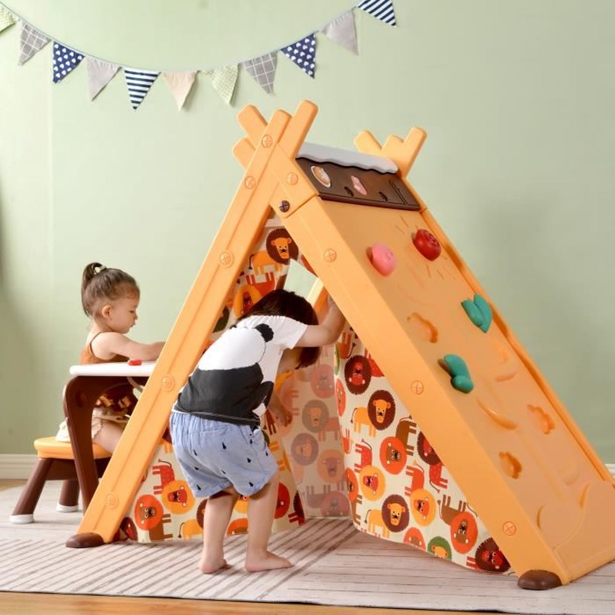 Cabane Enfant Tipi Cabane En Bois Enfant Avec Mur D Escalade Orange Cadeau De Noel Cdiscount Jeux Jouets