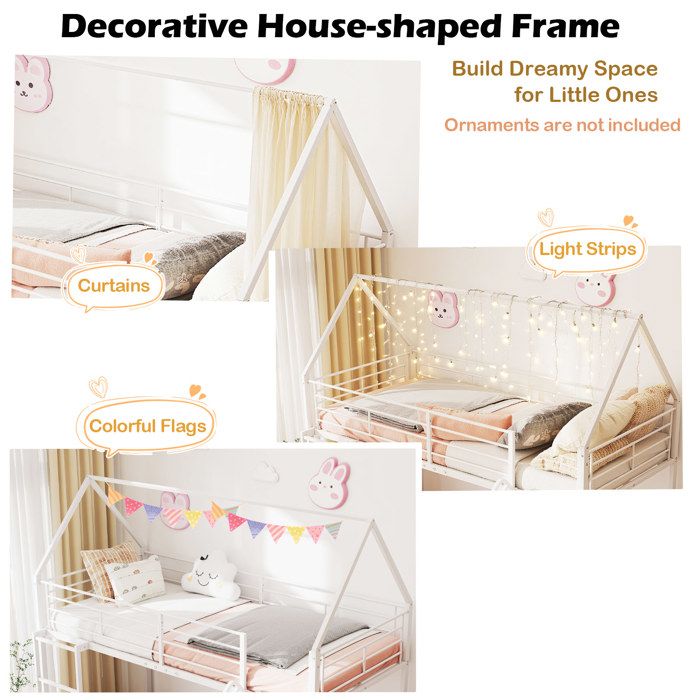 Lit Mezzanine Enfant 90x200 Cm Avec Toboggan Et Escalier – Structure Métal, Forme Maison, Blanc