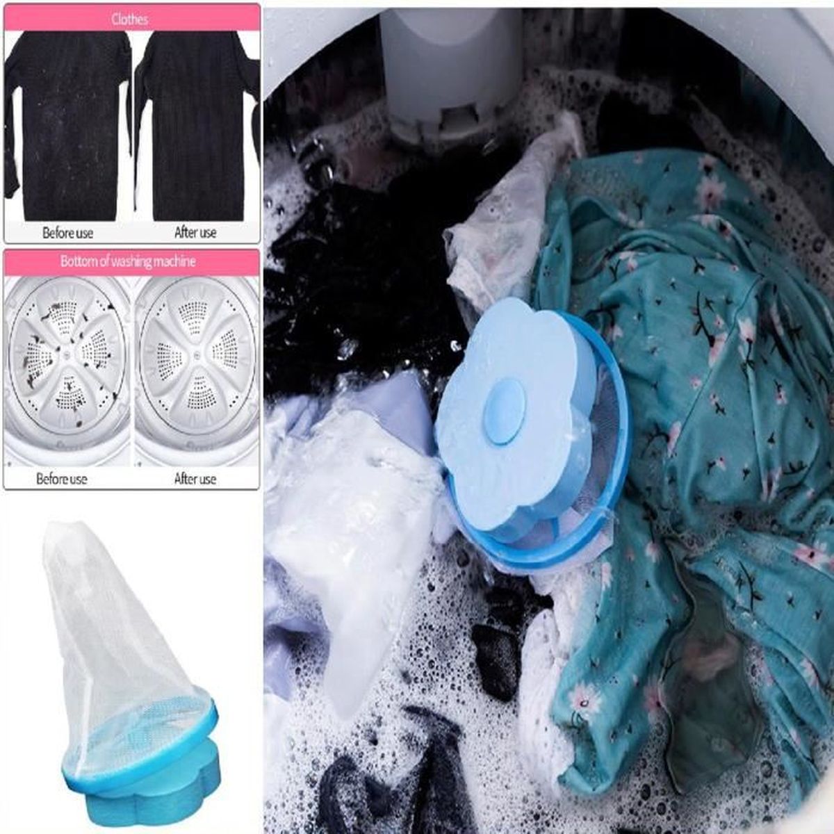 EXCEART Lot de 3 sacs de lavage réutilisables pour machine à laver filet pour machine à laver filtre à cheveux attrape-poils anti-peluches bleu 
