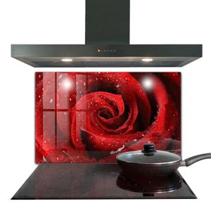 CREDENCE Fond de hotte - Decortapis - 100 x 70 cm - Verre trempé - Gouttes de rosée sur une rose rouge