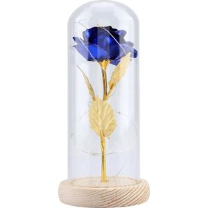 Rose Éternelle Pétale Bleu Plaqué Or Fleurs Séchées Artificielle avec Dôme à LED 