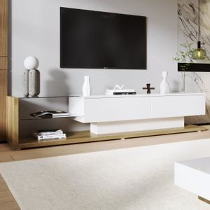 MEUBLE TV Meuble TV High Gloss - Marque - Moderne - Blanc et Bois - 2 tiroirs