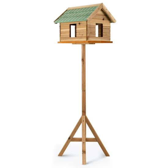 Mangeoire Oiseaux Sur Pied 135 Cm - Cabane En Bois Avec Fenêtres - Toit Bardeaux Vert - Extérieur