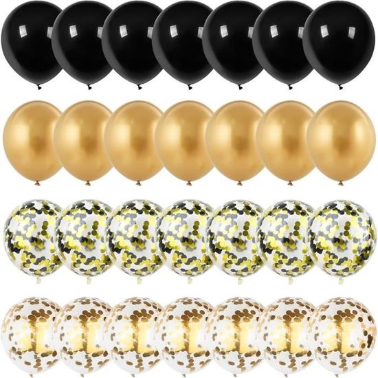 50 Ballons Noirs Et Dorés 30 Cm – Lot Avec Confettis Et Rubans – Pour Anniversaire, Mariage, Fête Enfant
