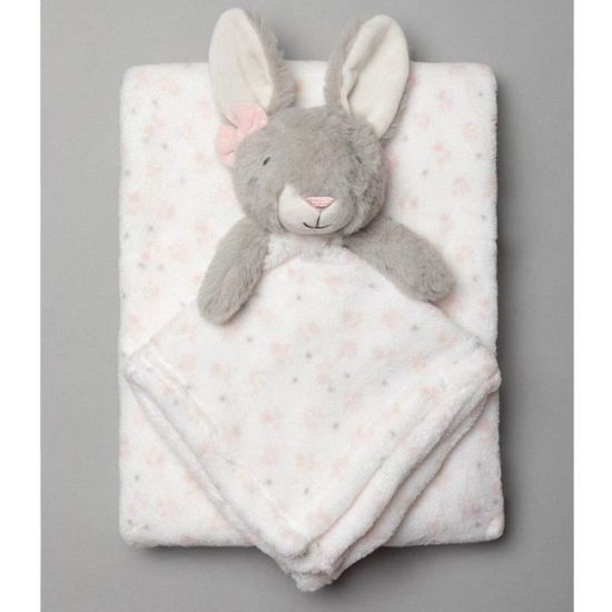 Couverture bébé + doudou carré lapin plaid polaire fille fleurs roses