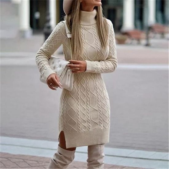 Robe Pull Femme - Marque - Couleur Unie - Manches Longues - Col Roulé - 2