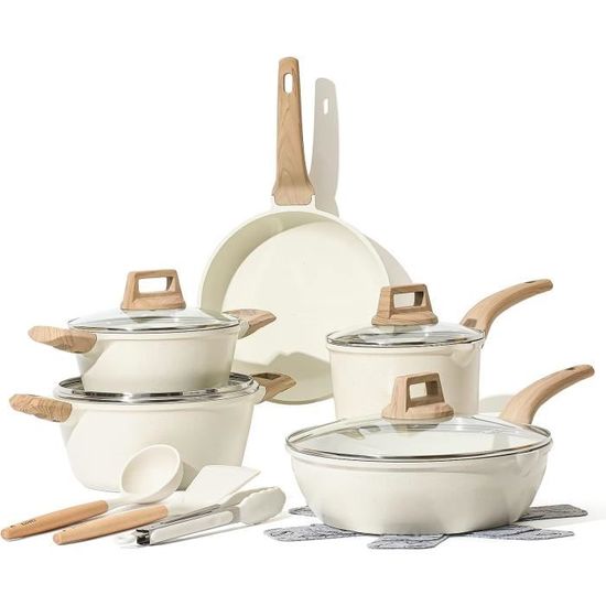 CAROTE Set Poele et Casserole Induction 14 Pièces, Poêles 24cm, Casserole 1,72,34L, Sauteuse 4