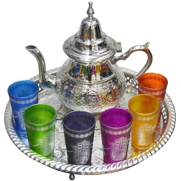 Lot de 6 verres en verre pour thé marocain et une théière à induction en acier inoxydable de 48 oz avec filtre intégré