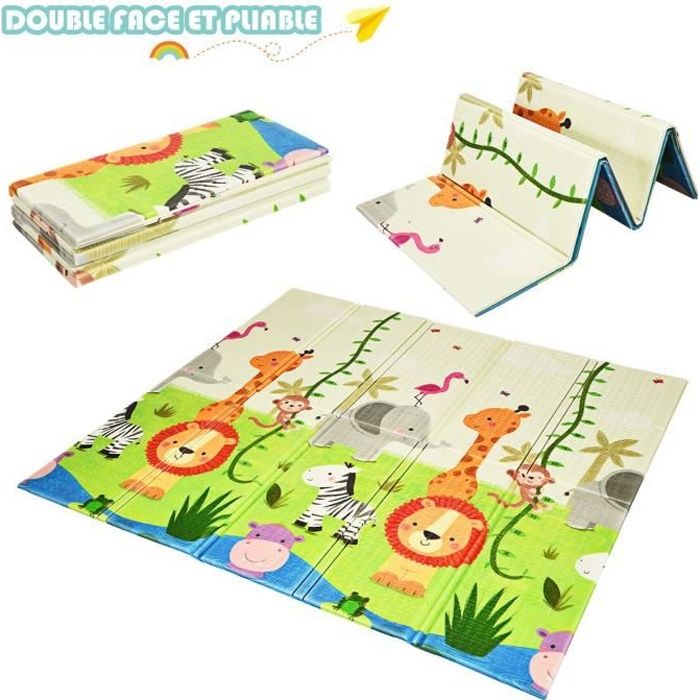 COSTWAY Tapis de Jeu Pliable pour Bébé 200x180x1,4CM avec Image des Animaux en Mousse XPE Non Toxique Antidérapant Double Face