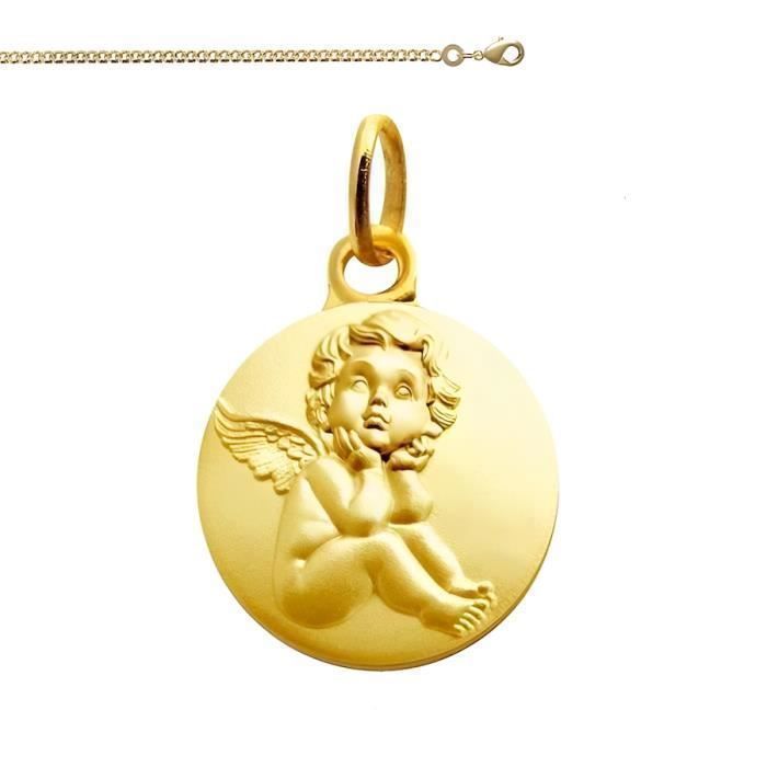 Chaîne et Pendentif Médaille Ange Baptême en Relief Or Jaune GF 750*