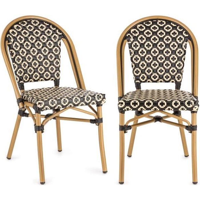 Blumfeldt Montbazin BL Lot 2 Chaises bistrot design en résine tressée - Chaise de jardin empilable - cadre aluminium - noir & crème