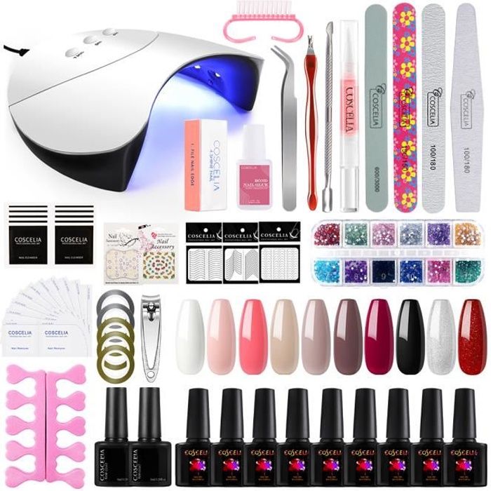 Kit Vernis Gel 10 Pcs Vernis UV Gel Semi permanent Lampe UV Ongle 36W Plus Base/Top coat Articles Decore Lot Complet