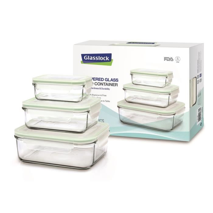 GLASSLOCK set compact 3 boîtes en verre avec couvercles, rectangulaires