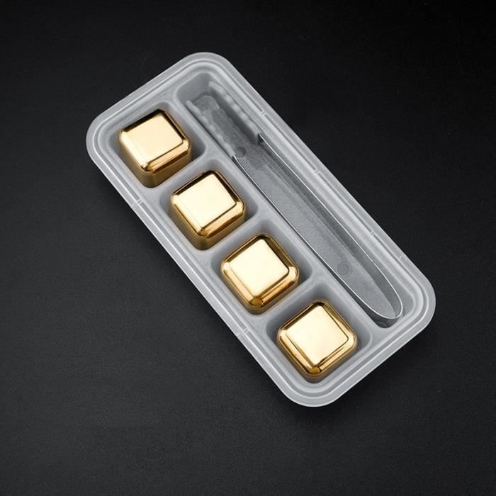 Faux Glaçons Pierres a Wisky Cube en Acier Inoxydable Or 4 Pieces Avec Pince