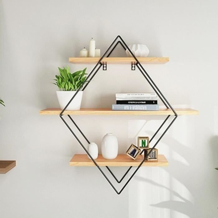 Vintage De Fer En Métal En Bois Étagère De Rangement Murale De Style Industriel Rhombus En Bois De Fer Artisanat Mur Liv-3_Regisi
