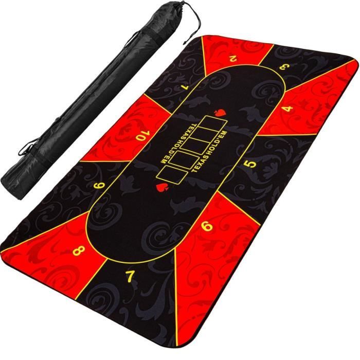 Tapis de Poker XXL, max. 10 joueurs, dimensions 160x80 cm, couleur rouge-noir, sac de transport inclus