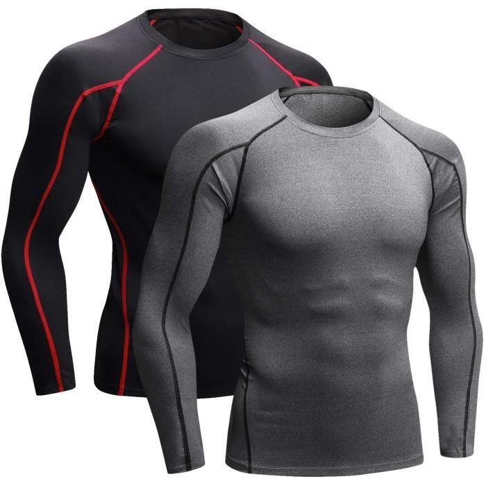 2 Pièces Tee Shirt Compression Homme Maillot Running Baselayer Manches Courtes Longues